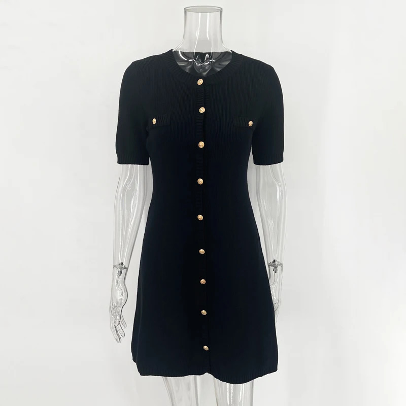Elegant White Knitted Mini Dress Women Sexy Slim Fit Ribbed Knit Dress Metal Button Short Sleeve Holiday Party Mini Dress 250314