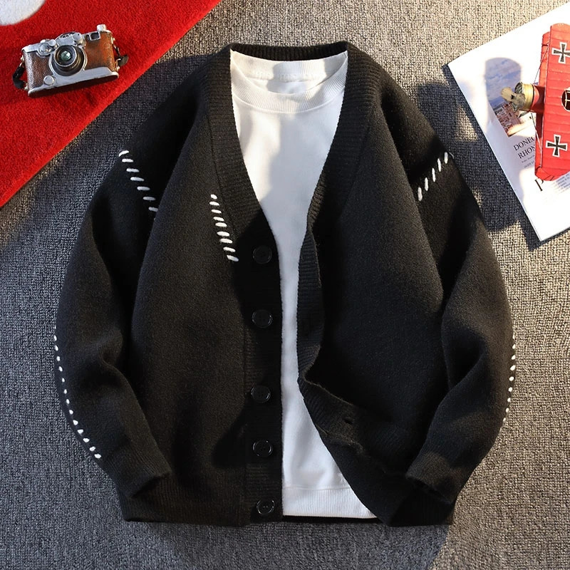 Vneck Knit Sweater Coat Men Loose Retro Slouchy Jackets Thick Autumn Winter Hipster Couple Cardigan Long Sleeve 250311