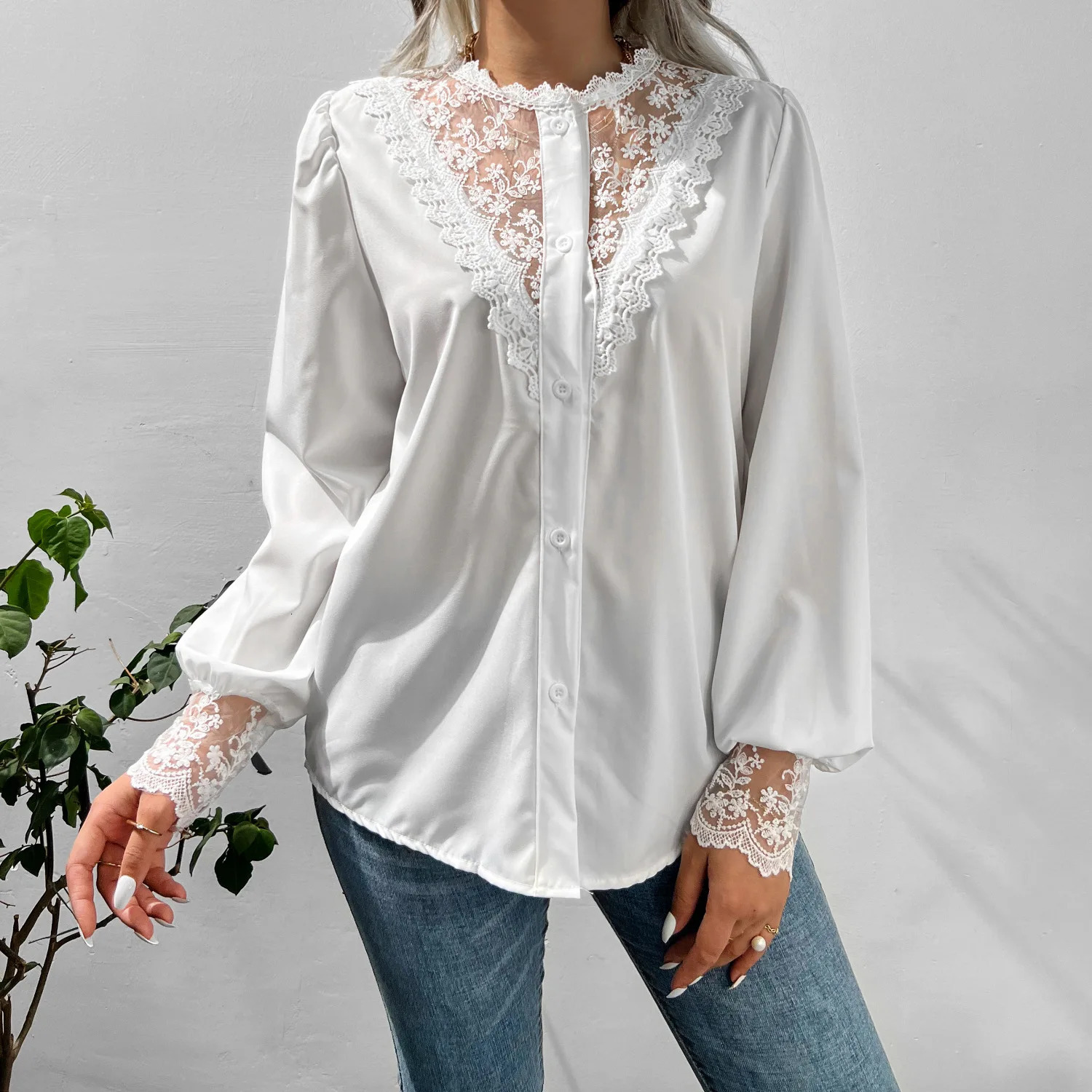 Spliced Lace Seethrough Neck Top Lantern Sleeves Long Sleeved Black OL Trend Casual Shirt And Blouse Women Clothes Elegant 250312
