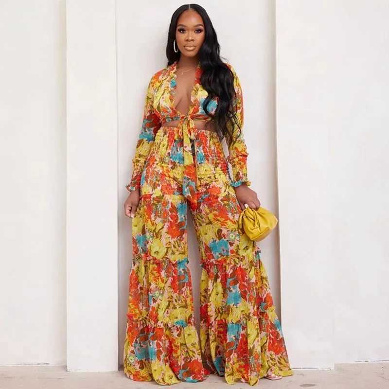 Women's Two Piece Pants Flower print 2-piece set for womens elegant lace top loose wide leg pants holiday Bohemian pairing set Y250315UDVC