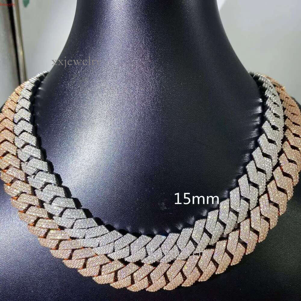 Hiphop 15mm VVS Moissanite Dia Chain Rose Gold Plated Sterg Sier Cuban Necklace Jewelry