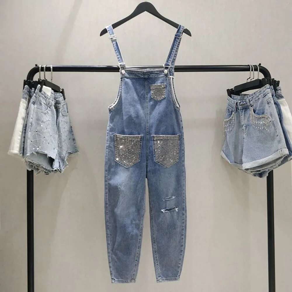 2025 New Fashion Beaded Women's Denim Pants Summer Casual Designer Loose Rivet Piercing jumpsuit Women's Jeans Street Wear4