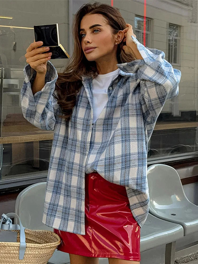 Casual Plaid Shirt Woman Loose Autumn Winter Lapel Buttons Womens Coat Full Sleeve Cozy Vintage Khaki Tops Female Streetwear 250314
