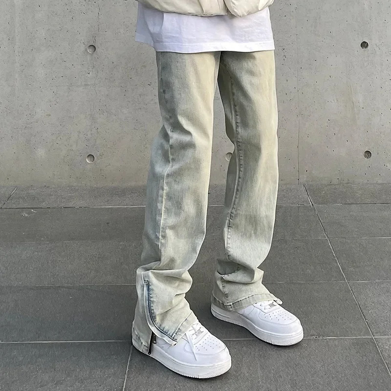 Vintage Wash Distressed Mens Jeans Straight Leg Side Slit Zippered Baggy Pants American Style High Street Casual Wear 250314