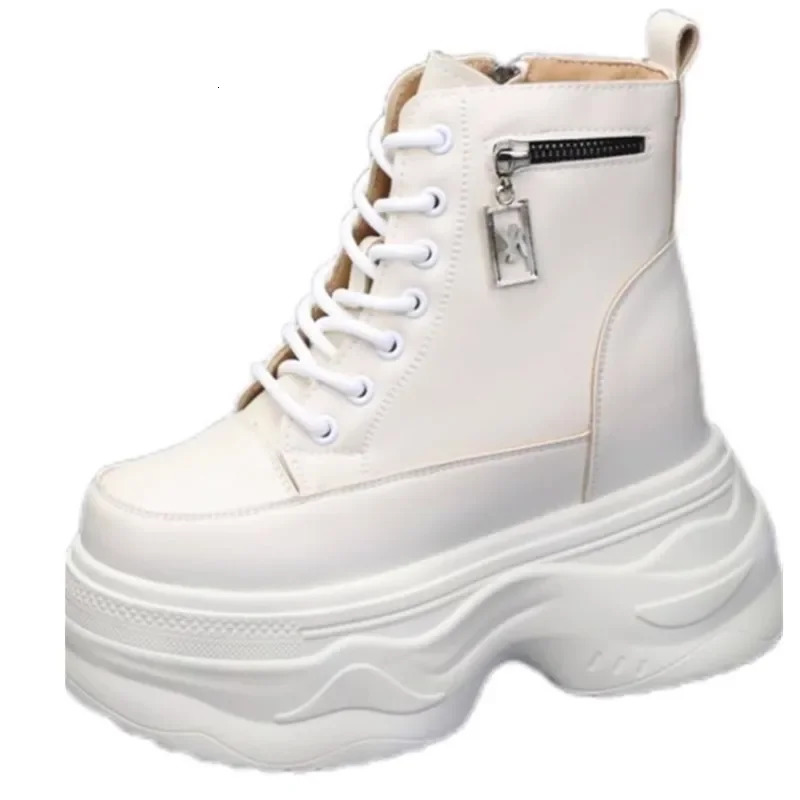 10cm 12cm Ankle Boots Platform Women Microfiber Leather Short Boots Round Toe Height Increasing Thick Sole Ladies Shoes Handmade 250310