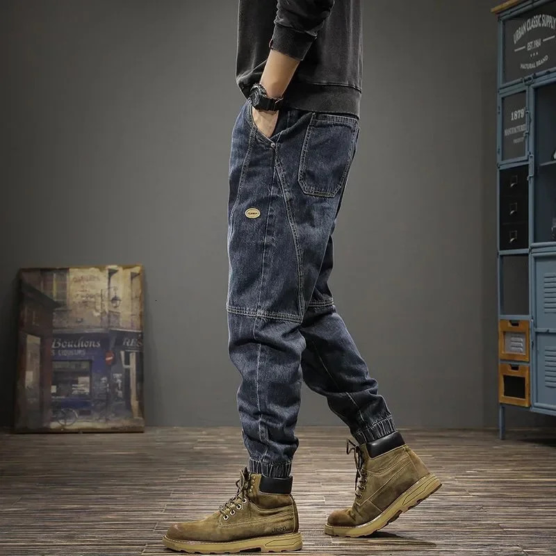 AutumnWinter Trendy Jeans Mens American Style Vintage Loose Fit Elastic Waist Casual Pants Versatile Harem Trousers 250312