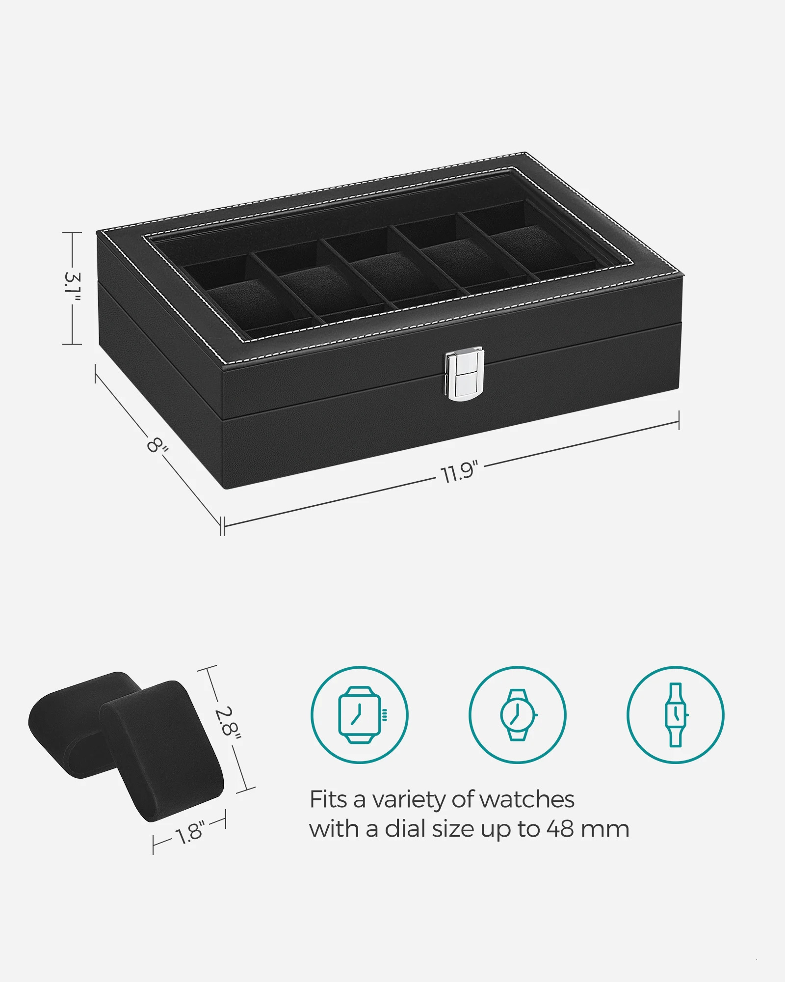 SONGMICS Watch Box 12-Slot Case with Large Glass Lid Removable Pillow Watch Storage Organizer Gift for Men Women 250311