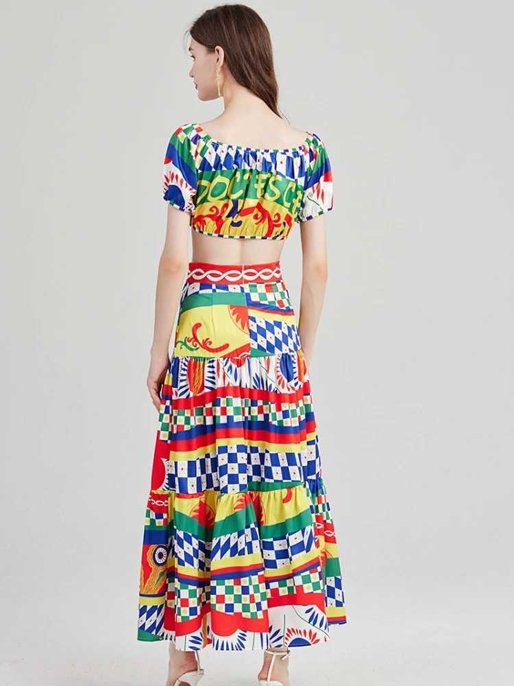 Two Piece Dress JAMERARY Summer Holiday Print Letters Two Piece Suits Womens Sexy Slash Neck Shoulder Off Crop Top + Plaid Long Maxi Skirts Set Y25031