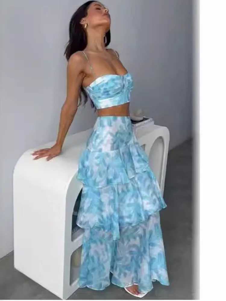 Two Piece Dress LGRQ corset packaging printing Sleve backing splicing irregular pull-out ski suit beautiful party costume 2-piece set for summer 2025 