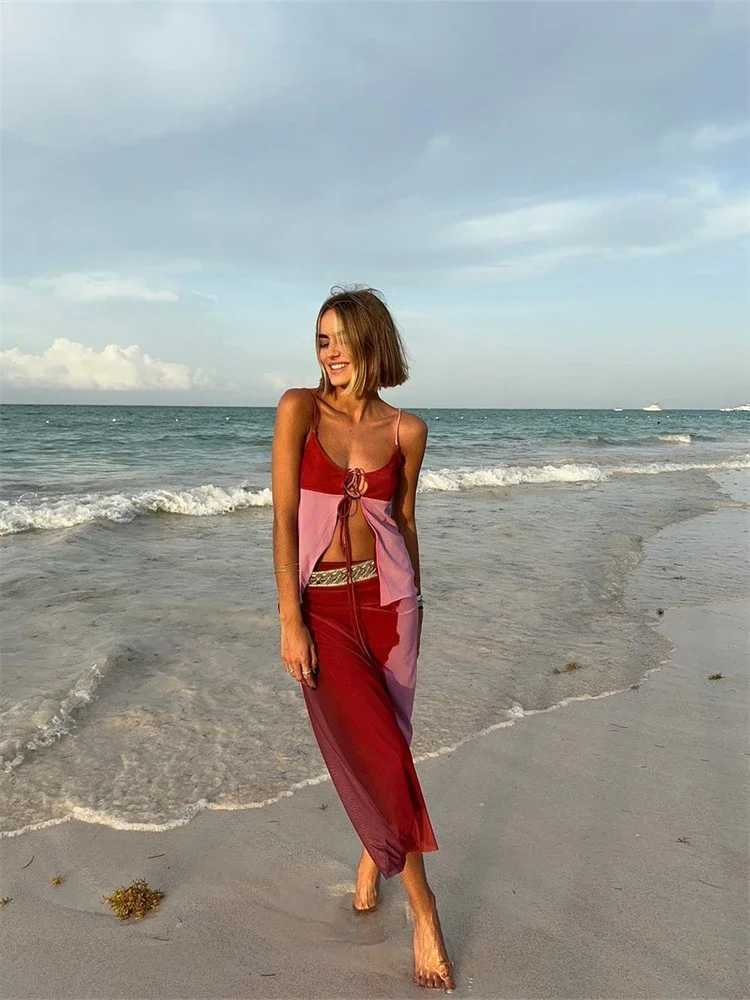 Two Piece Dress Printed Sexy Sling Vest Skirts Set Women Loose Lace Up Hollow Out Tops High Waist Long Skirt 2025 Summer New Female Beach Outfit Y2503