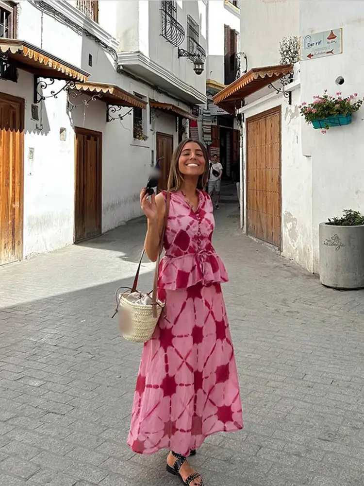 Two Piece Dress Fashion Print O-neck Single-breasted Vest Long Skirt Set Women chic Slvel Lace Up Top Suit New Lady Summer Strt Outfits Y250315ZCLE