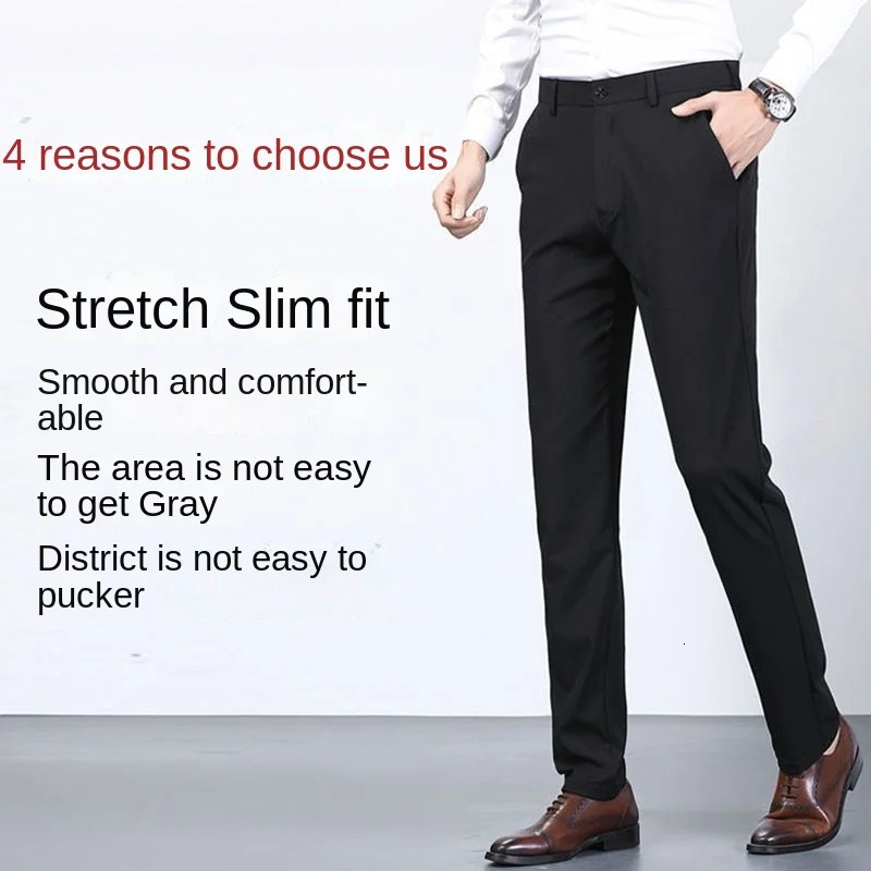 Mens Summer Casual Set Pants Elastic Non Ironed Mens Black Thin Pants Slim Straight Business Set 250314