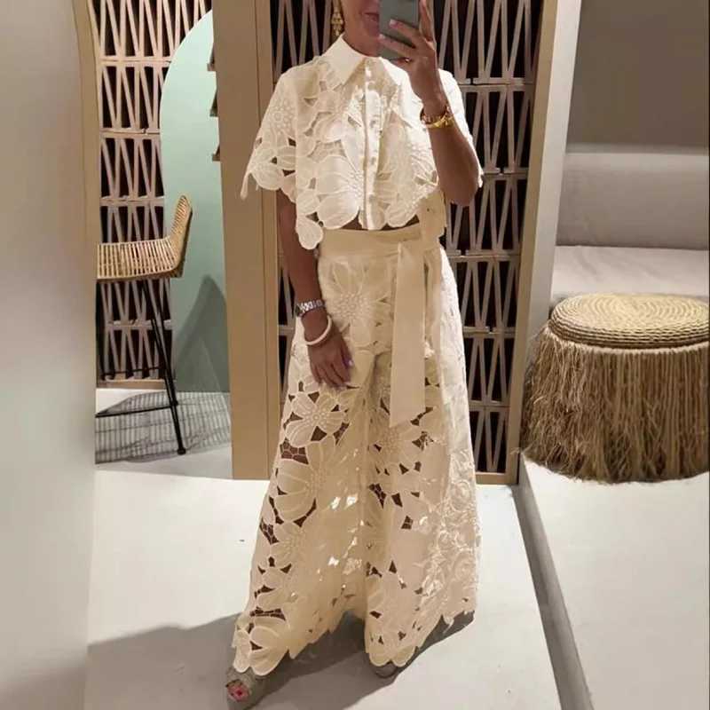 Women's Two Piece Pants Spring Embroidery Hook Flower Hollow Crochet Set Women 2 Pieces Polo-Neck Button Tops+Wide Leg Pants Outfits Sexy Lace Fa