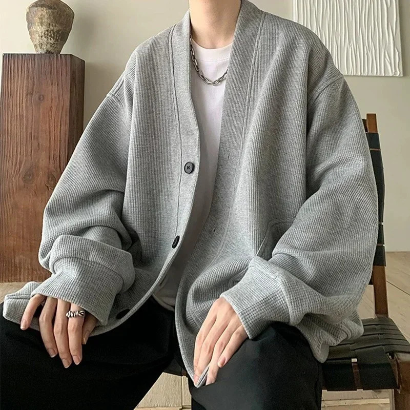 2024 Korean Fashion Cardigan For Men Autumn Solid Color Y2K Streetwear Sweatshirts Casual Vintage Loose Jackets Sweaters 250311