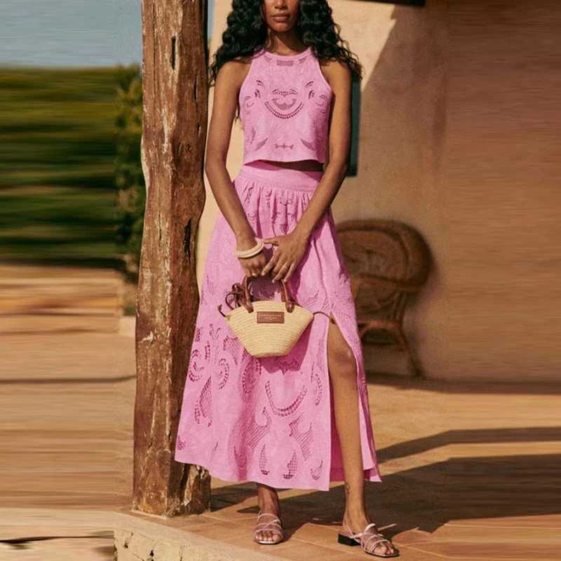 Two Piece Dress Womens sexy Slvel shirt top and long skirt set summer solid color hollow two-piece set 2025 ultra-thin warm dress set Y250315JINR