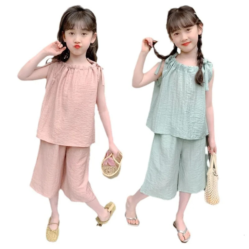 Summer 2025 childrens clothing girls lace Tshirts vests tops corsets and shorts youth casual 3 8 10 12 years 250312