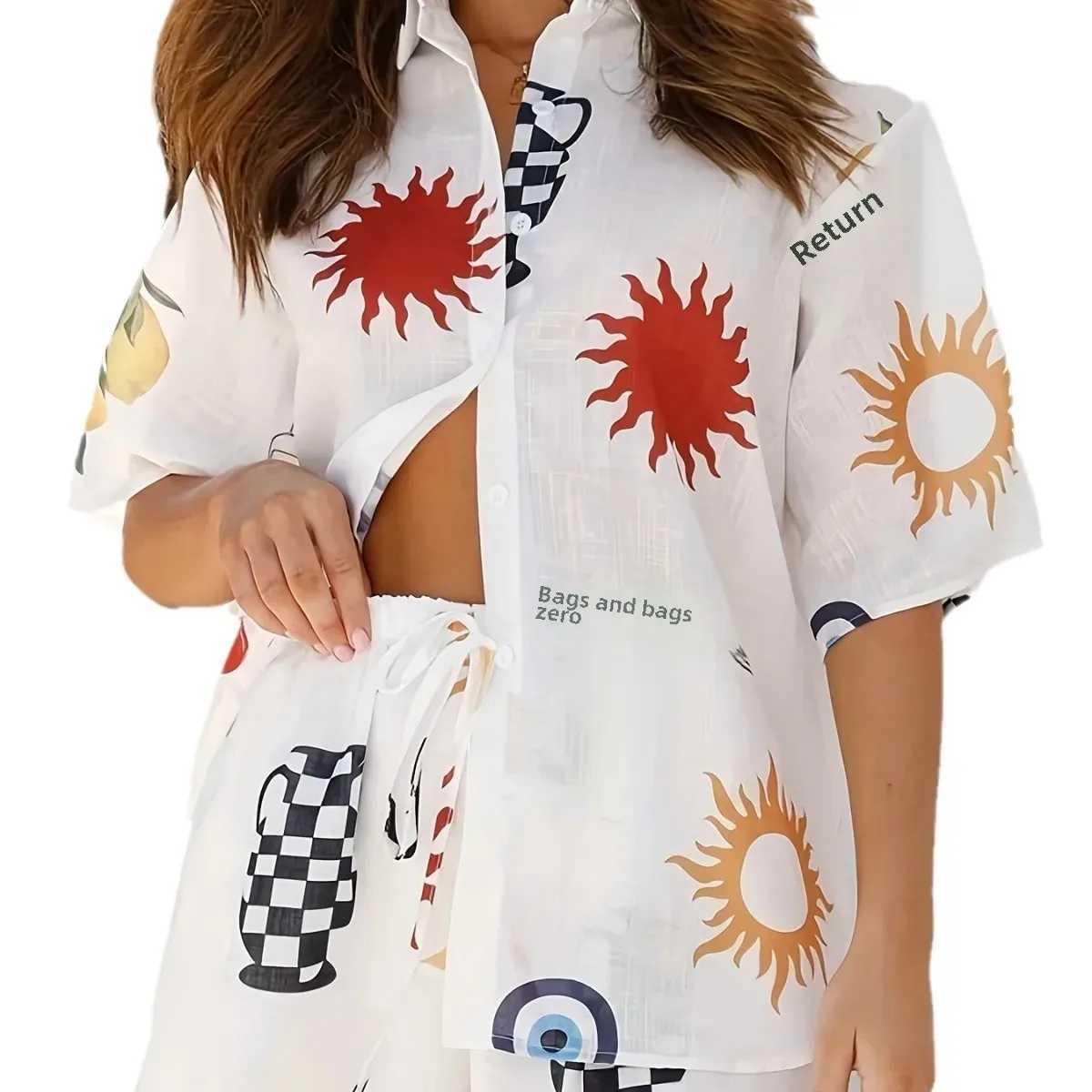 Two Piece Dress Fashion casual printed cardigan with beige collar womens suit jacket 2025 new European American crossover Y250315NOKS