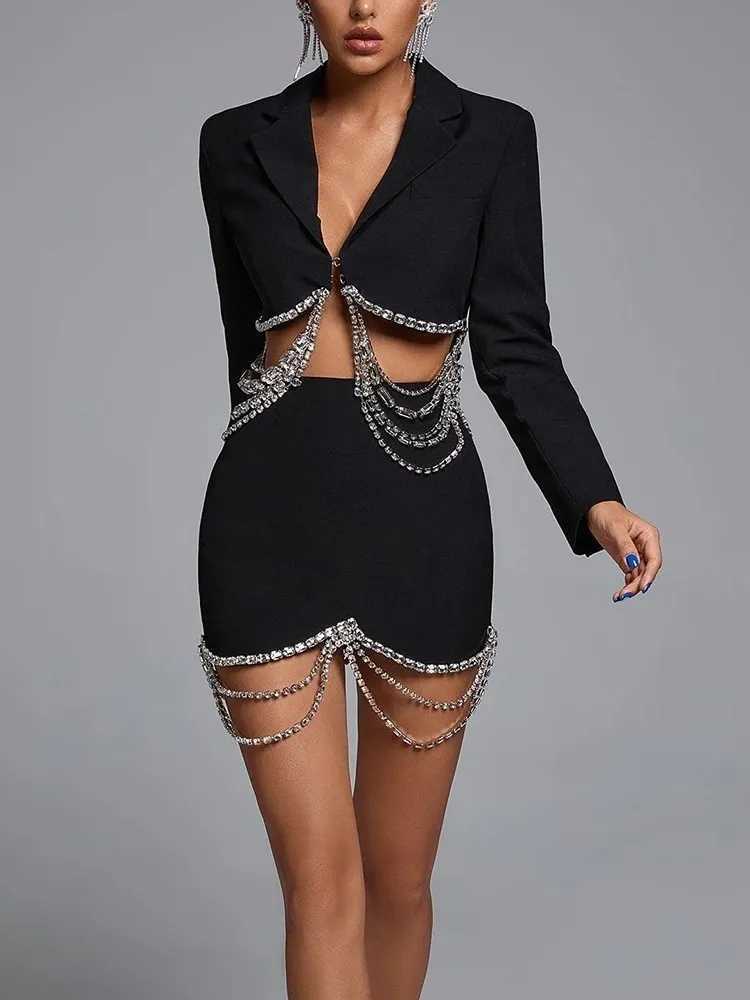 Two Piece Dress TWOTWINSTYLE Spliced Diamonds Two Piece Sets For Women Lapel Long Slve Tops High Waist Skirt Sexy Set Female Fashion Clothing Y250315D