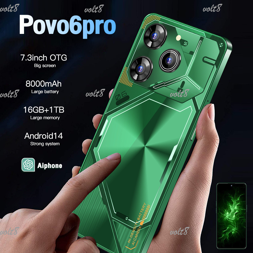 Povo6Pro smartphone large memory 16GB+1TB Cell Phones Unlock Touch Screen Phone Androids Camera Telephone HD Display Face Recognition