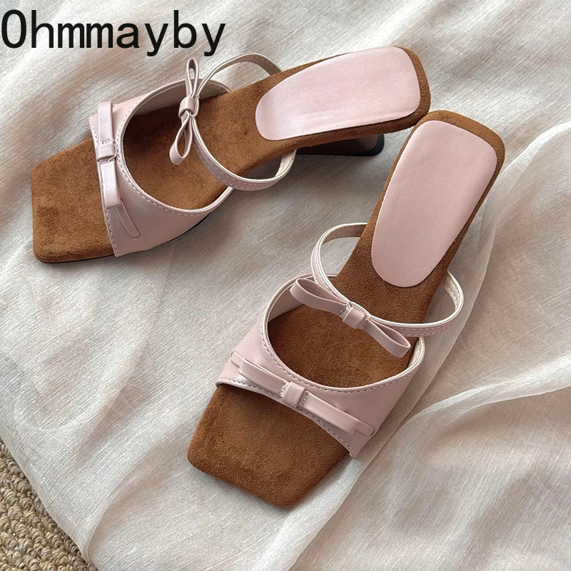 er Summer Butterfly-Knot Open-Toe Slippers Fashion Slip-On Ladies Elegant Thick Heel Dress Slides for Women 250314