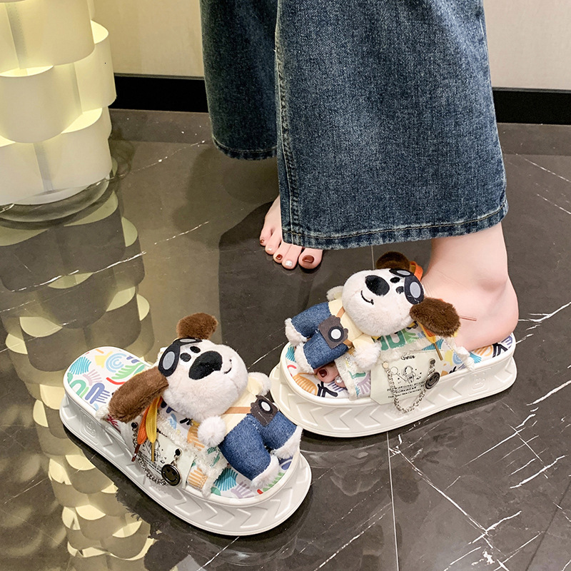 Cute Dog Repair Thick Soled Women Wearing Beach Shoes For Outdoor Wear Autumn 2025 New Designer Sandals Canvas Half Slippers With A Sense Of Stepping 