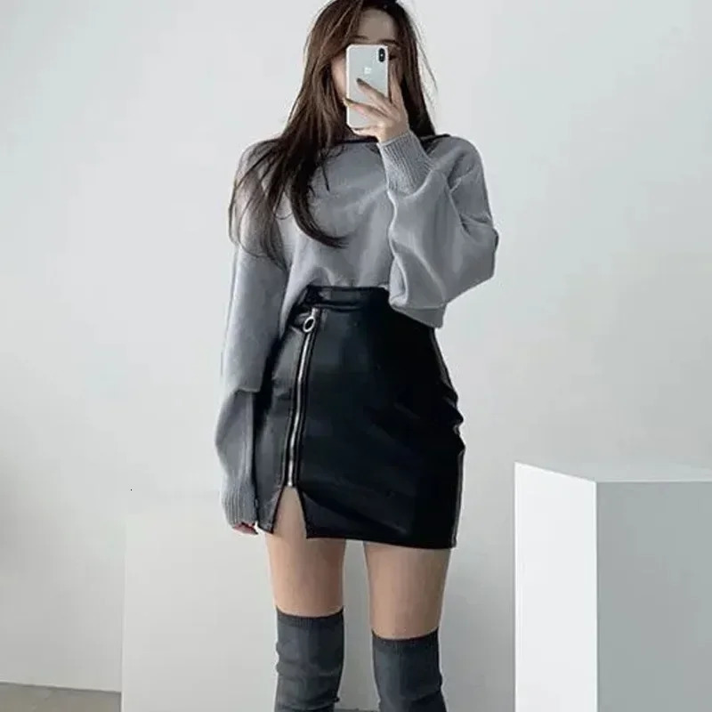 Leather womens Korean fashion high waisted Aline ultrathin split zipper retro sexy mini leather autumn streetwear 250312
