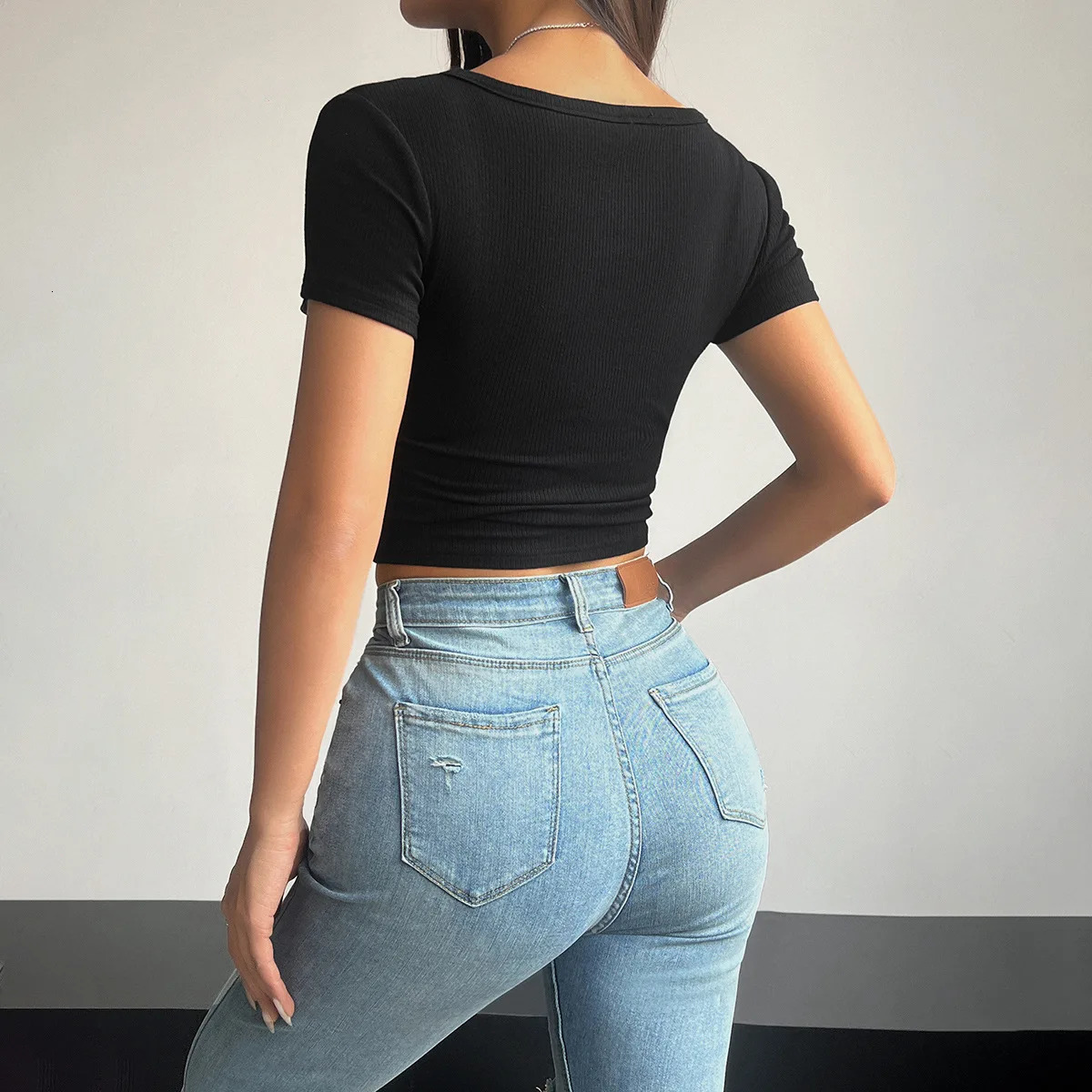 YJKDYK 2025 Summer Womens Short Sleeve Tops Ribbed Square Neck Ladys T-shirt Slim Fit Solid Color Female Tees Womens Top 250314
