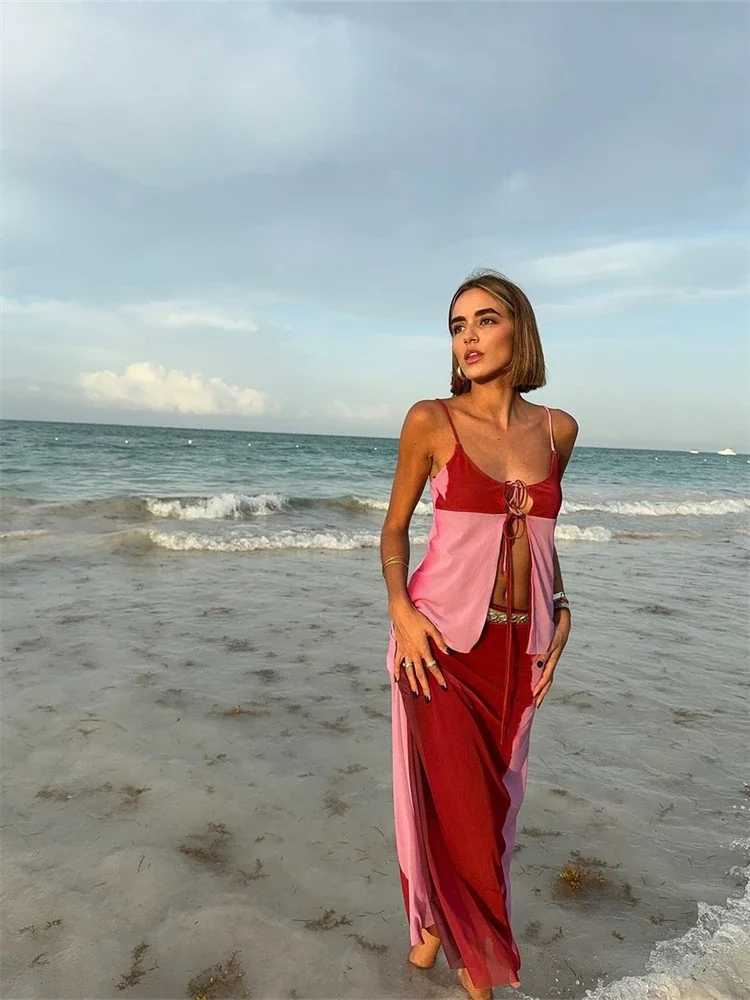 Two Piece Dress Printed Sexy Sling Vest Skirts Set Women Loose Lace Up Hollow Out Tops High Waist Long Skirt 2025 Summer New Female Beach Outfit Y2503