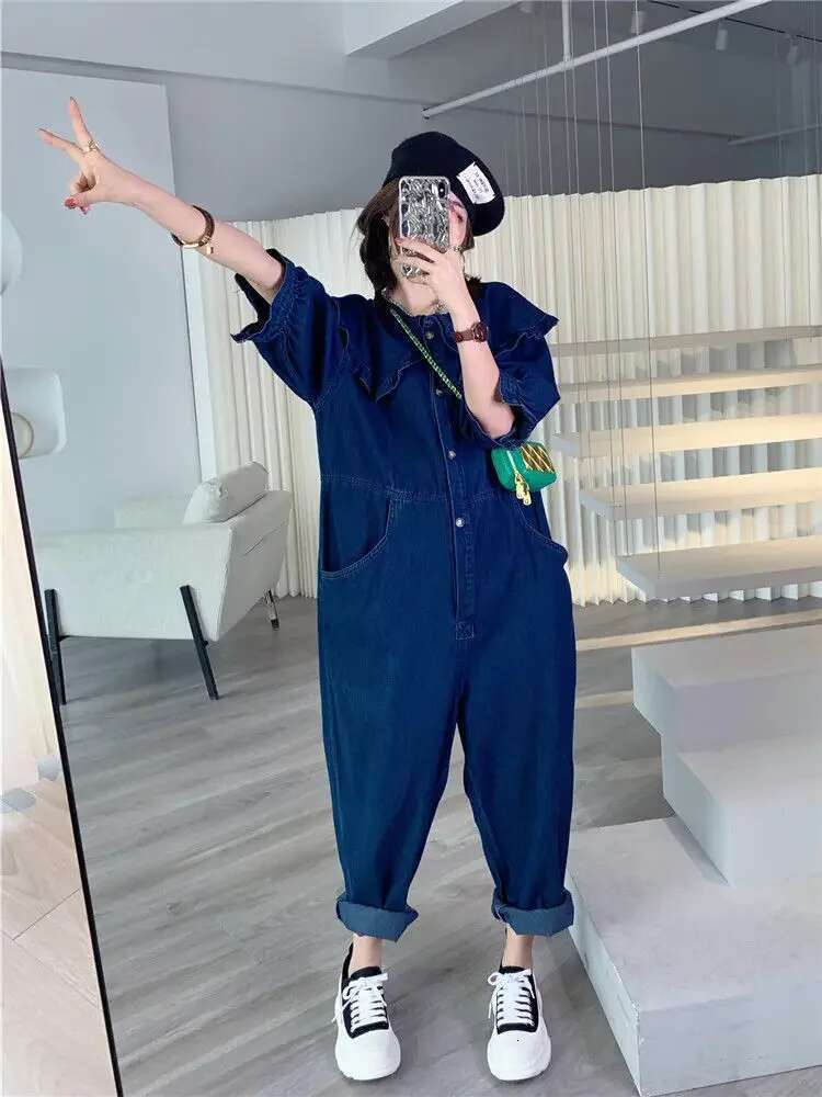 2025 new denim jumpsuit designer fashion doll collar solid color full-length high waisted loose fitting women's jumpsuit4