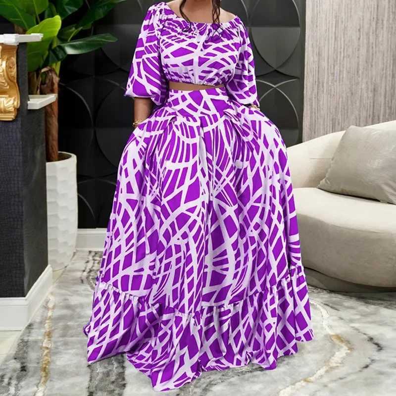 Two Piece Dress 2025 African Clothes Summer Elegant African Women Half Slve Polyester Printing Two Pieces Sets Top and Long Skirt African Suit Y250315