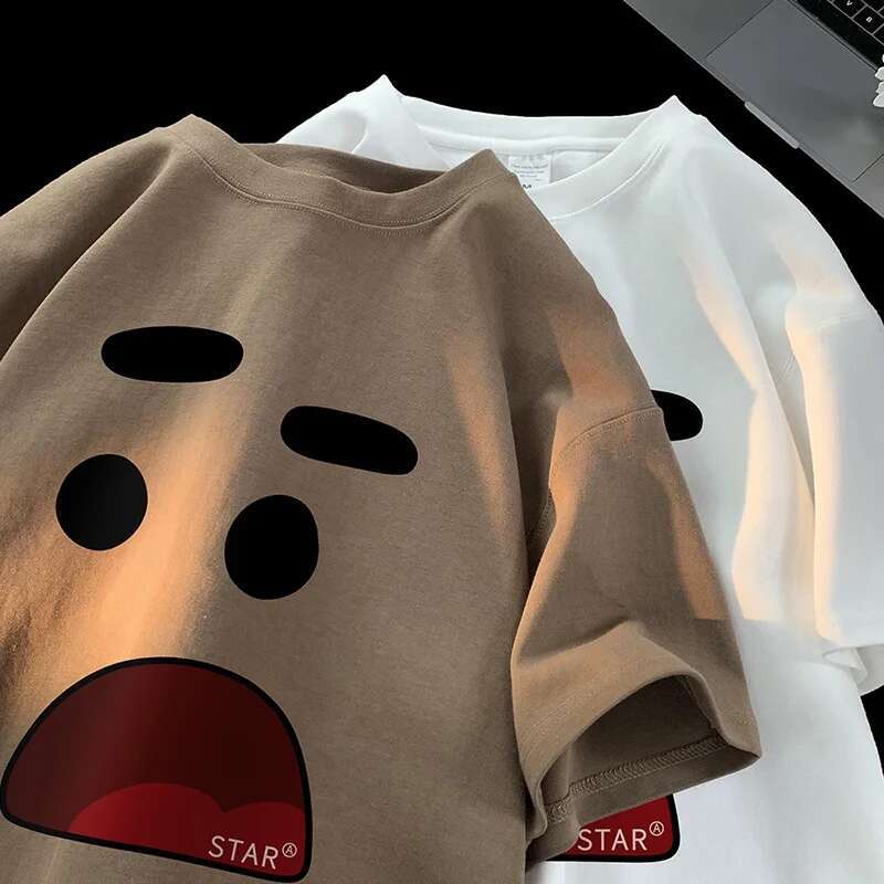 2025 new retro fun micro expression printed designer fashionable oversized T-shirt men's high street cartoon couple short sleeved round neck top5