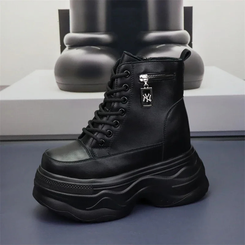 10cm 12cm Ankle Boots Platform Women Microfiber Leather Short Boots Round Toe Height Increasing Thick Sole Ladies Shoes Handmade 250310