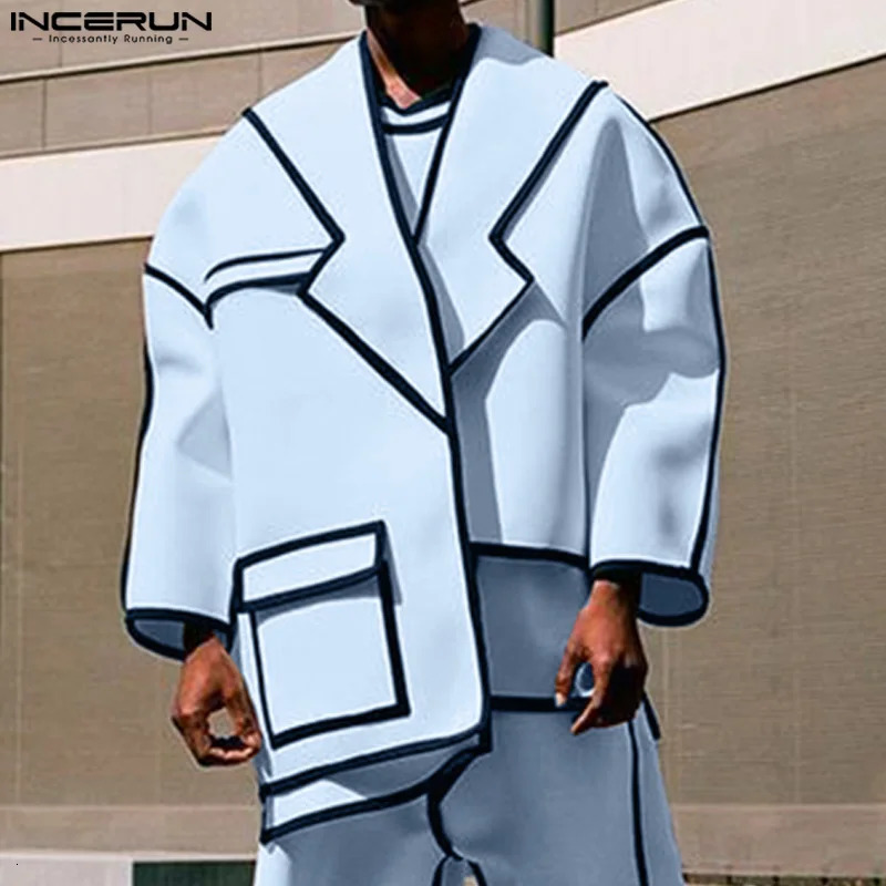 INCERUN Tops American Fashion Mens Patch Work Line Personalized Set Coat Casual Street Clothing Loose Long Sleeve Jacket 250314