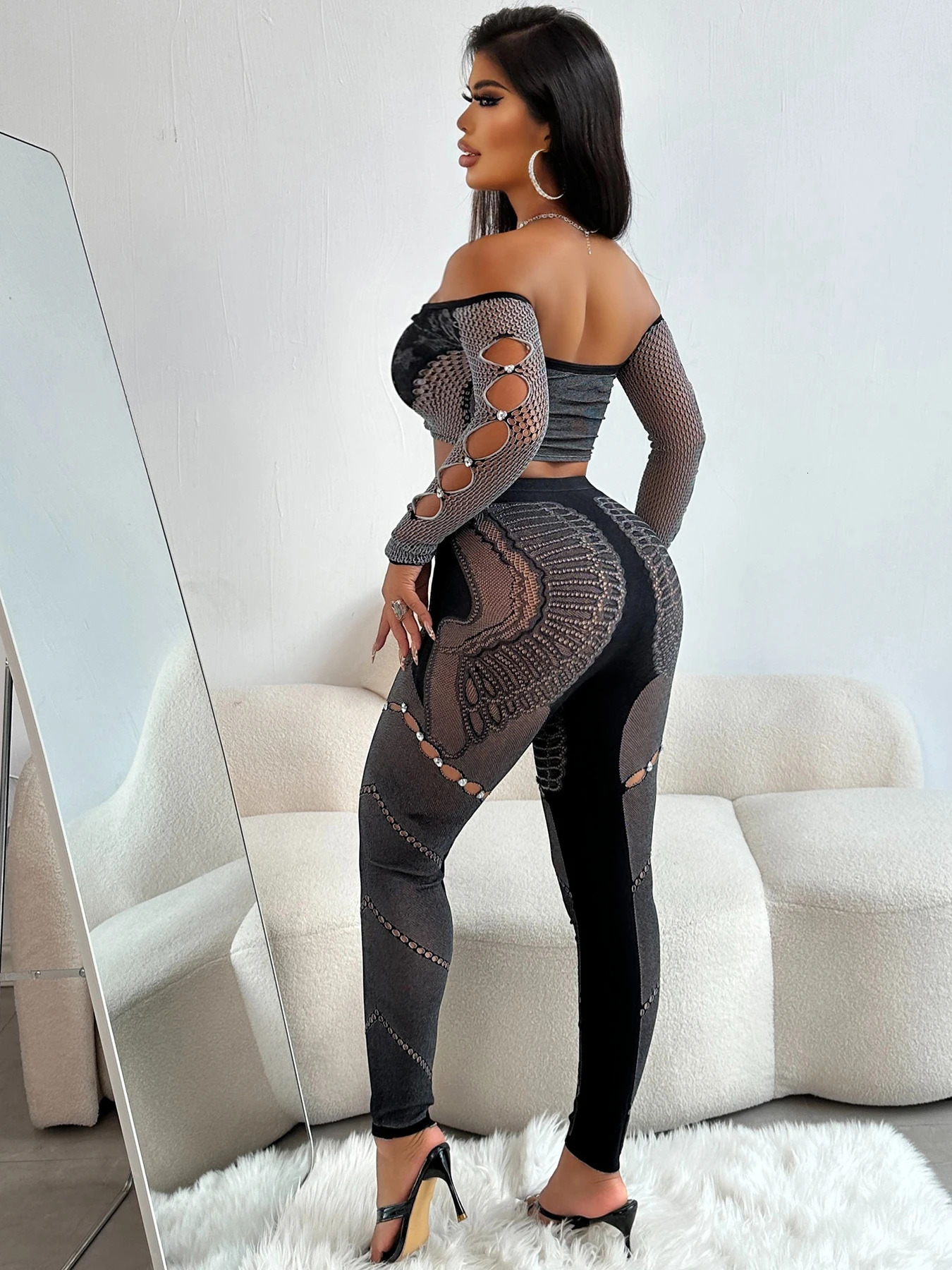 Weird Puss Sexy Thick Women 2Piece Set Chic Hollow Rhinestones Slash Neck Crop TopsPatchwork Leggings Stretch Matching Clubwear 250314