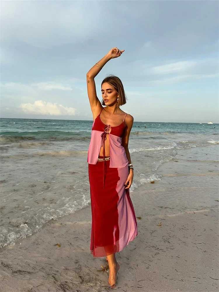 Two Piece Dress Printed Sexy Sling Vest Skirts Set Women Loose Lace Up Hollow Out Tops High Waist Long Skirt 2025 Summer New Female Beach Outfit Y2503