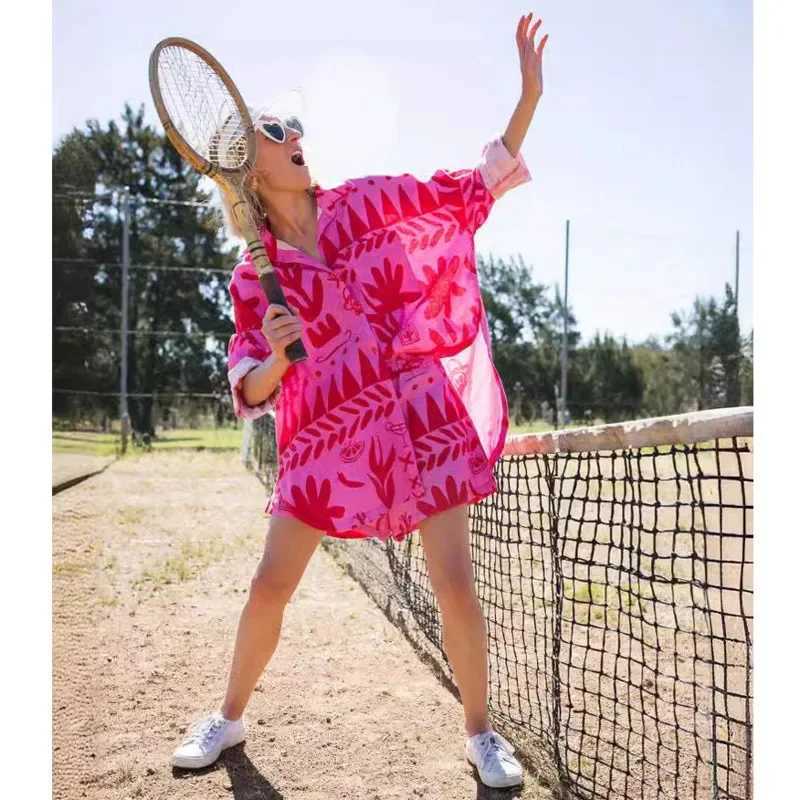 Two Piece Dress 3D Rose Red Printed Linen Womens 2025 SpringSummer New Collection European and American Fashion Elegant Printed Cardinals Flip Collar 