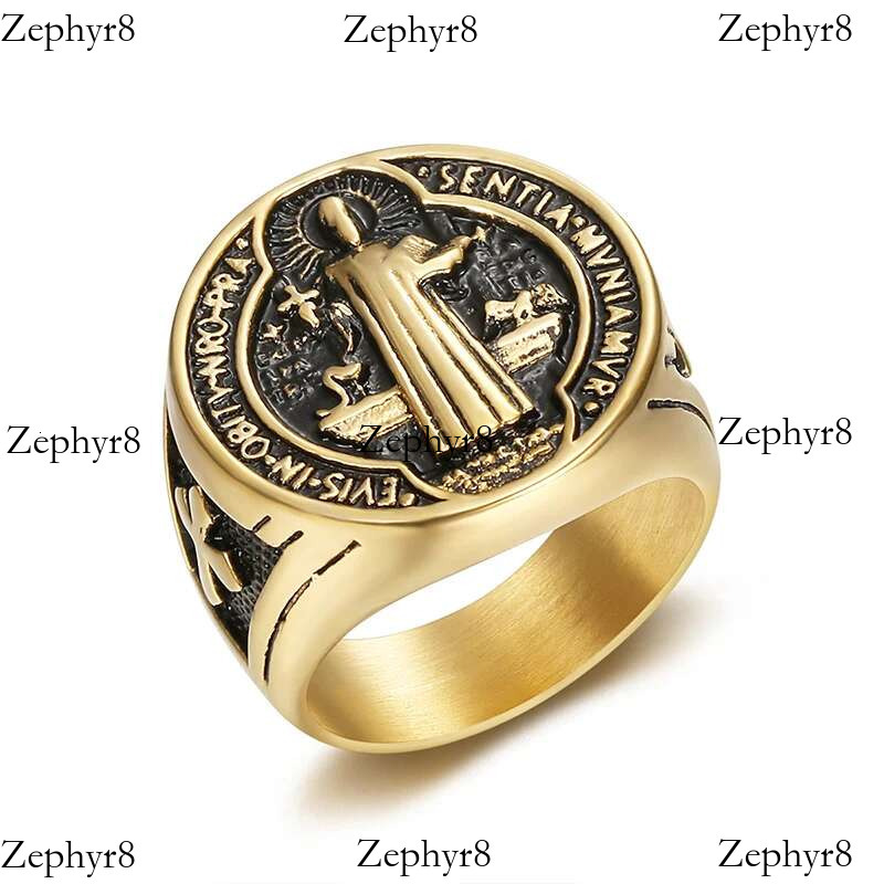 2025 New model Titanium Steel Catholic Patron Saint St Benedict of Nursia Holy Medal Cross Round Finger Rings for Men Punk Jewelry