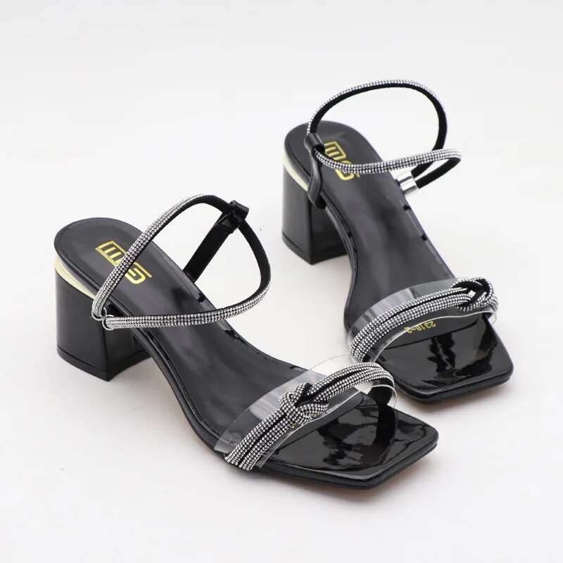 Glitter Slides Big Size Slippers Casual Square Heel High-Heeled Shoes Lady Low Slipers Women Black Sandals Jelly Block Fl