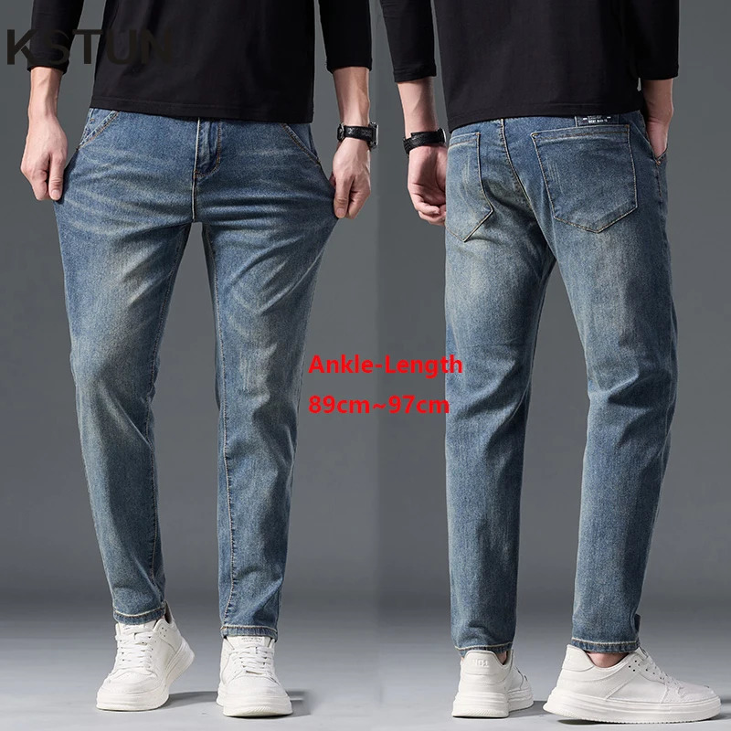 KSTUN Stretch Jeans Men Slim Fit Anklelength Pants Retro Blue Denim Fashion Pockets Designer Mens Clothing Streetwear 250312