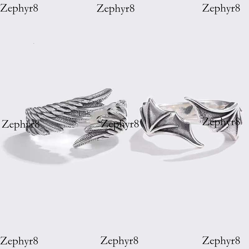 2025 model 2pcs/pack Vintage Angel Wing Demon Eye Hip Hop Adjustable Couples Rings for Men Women Retro Sier Color Jewelry New