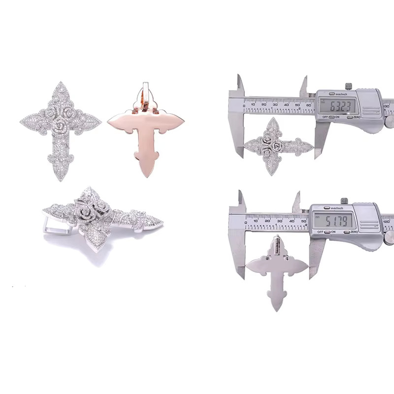 2025 Factory Custom Hot Sale Hip Hop Rose Cross Pendant 925 Silver VVS Moissanite studded Necklace Accessories