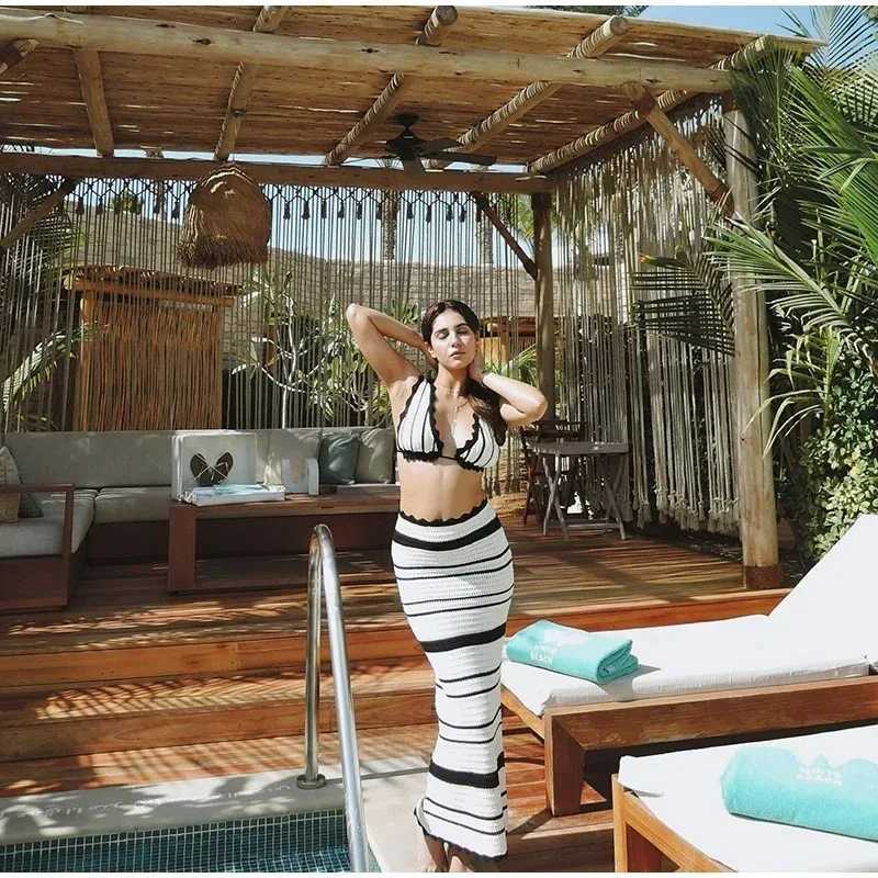 Two Piece Dress Womens Summer Knitted Beach Skiing Set Womens Sexy Back Slimming Bohemian Dress Striped Holiday Two Piece Beach Dress Womens Y2503151Y