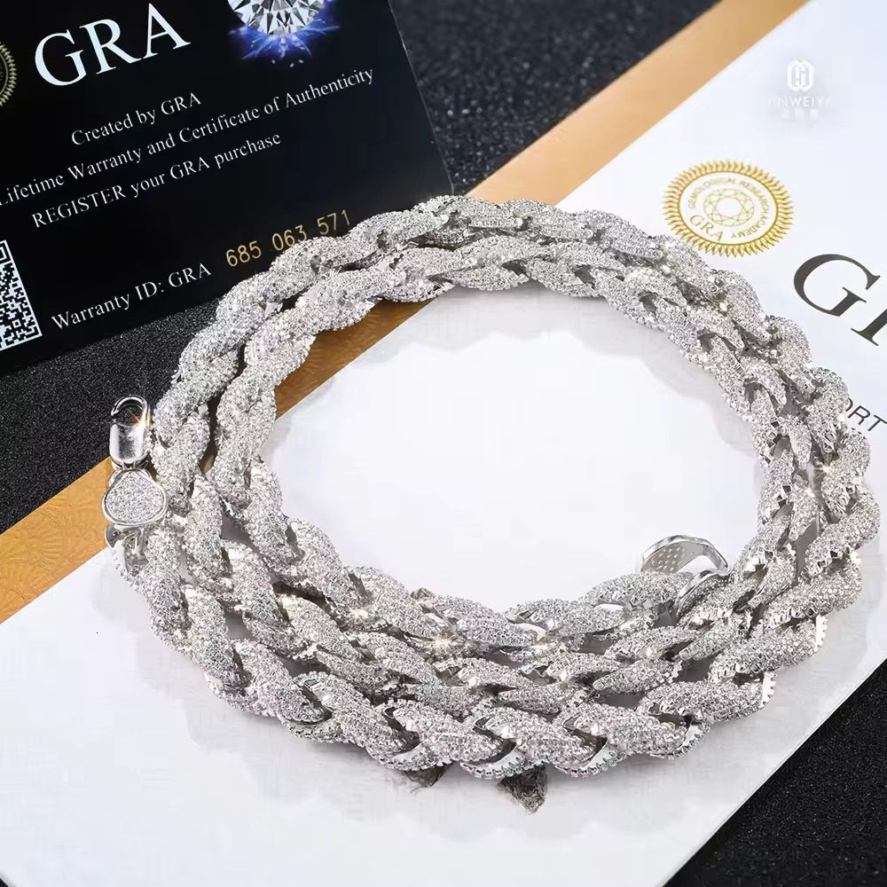 Gra Certificate Factory Price Custom Rapper Big 8mm 925 Sterling Silver Full Iced Out Moissanite Twist Rope Chain for Men