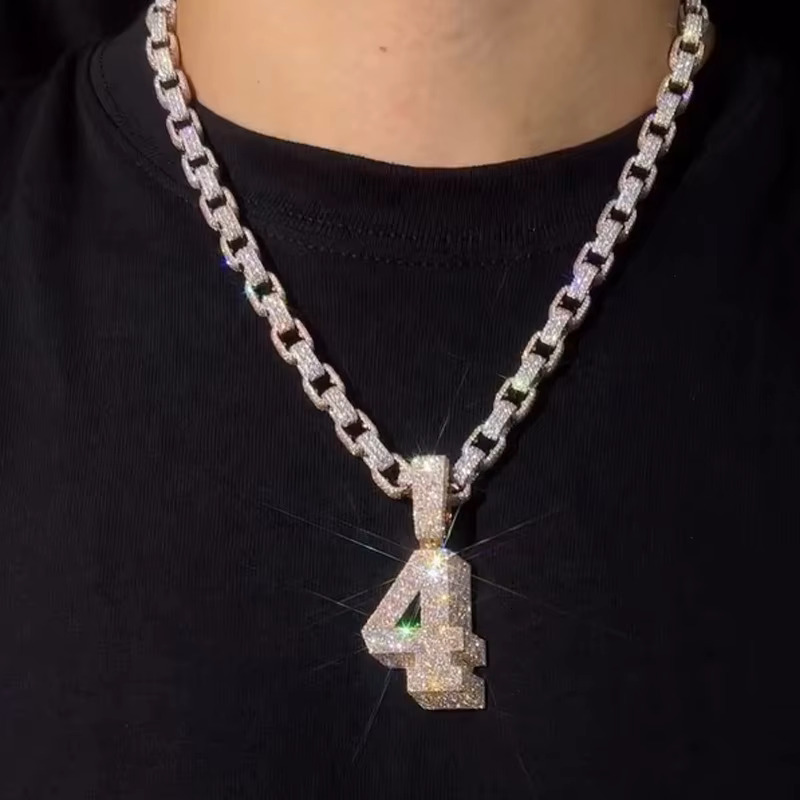 Custom Moissanite Jewelry 925 Sterling Silver Rose Gold Plated Hip Hop Moissanite 3D Number Pendant Cuban Chain Necklace