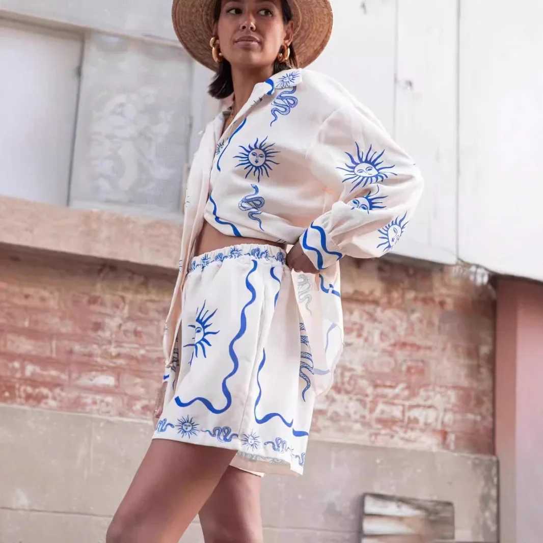 Two Piece Dress Fashion printed linen casual cardigan new model 2025 cross-border European and American style independent station Y250315DBR0