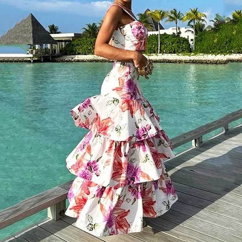 Two Piece Dress Wefads 2-piece womens summer elegant floral print Slvel high waisted vest loose cascading long sleeved dress Y250315TPX1