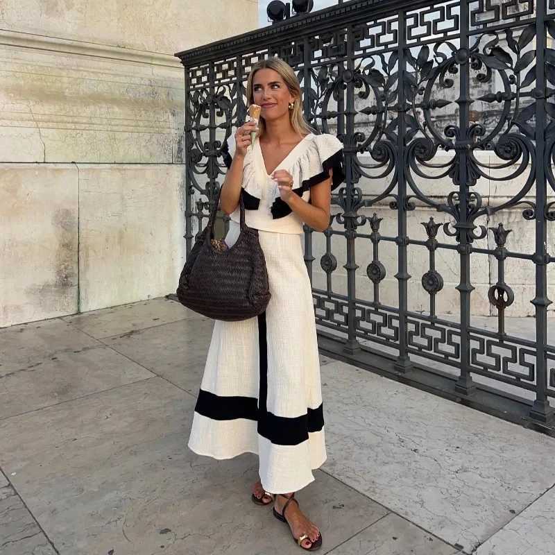 Two Piece Dress Elegant Contrasting High Waist Midi Skirt Suit Women Patchwork V Neck Backl Ruffles Crop Top 2 Pieces Set Summer Lady Outfits Y250315W