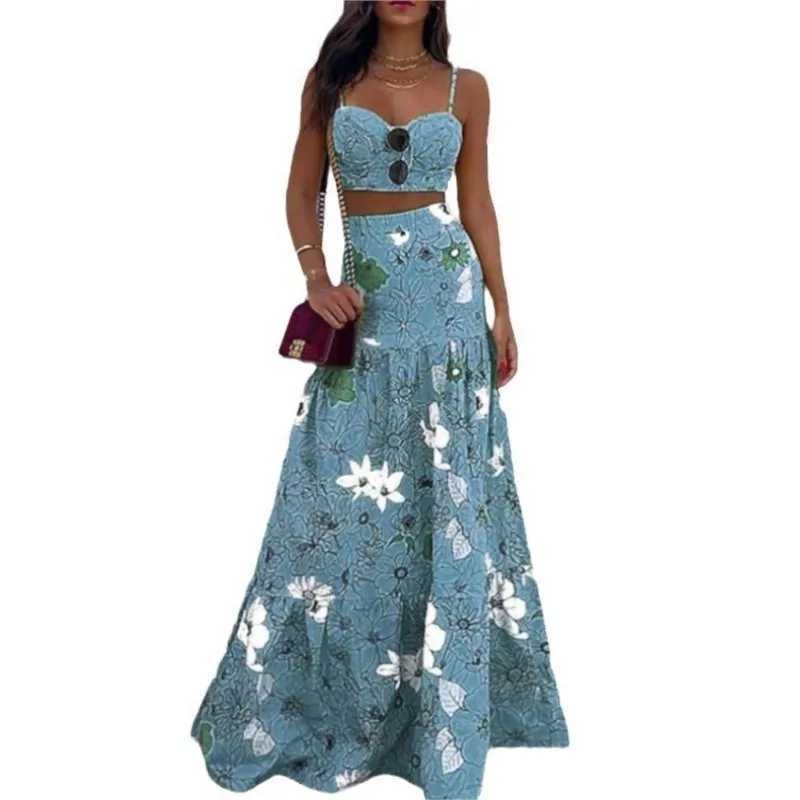 Two Piece Dress 2-piece/set beach crop top Skirt set with colorful printed spaghetti shoulder straps and floor length Slvel womens tank top Skirt set 