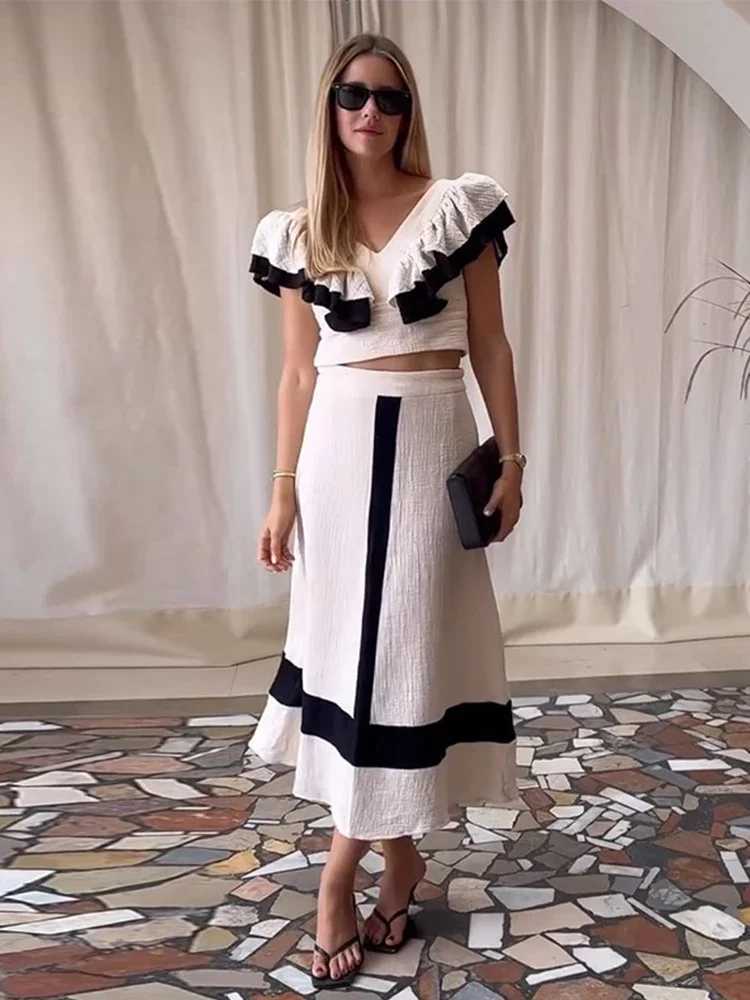 Two Piece Dress Fashion Patchwork Long Skirt Sets For Women Summer Elegant V-neck Fly Slve Cropped Tops High Waist A-line Skirts 2 Pieces Sets Y250315