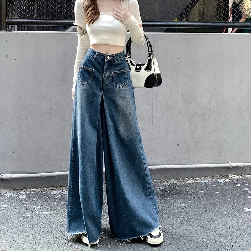 Womens high waisted retro er wide leg jeans womens Gothic loose straight leg pants womens blue light blue denim shorts 250314